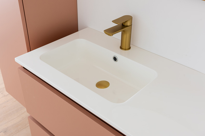 Meuble de salle de bains Dotan abricot suspendu avec lavabo simple gauche blanc brillant 120cm