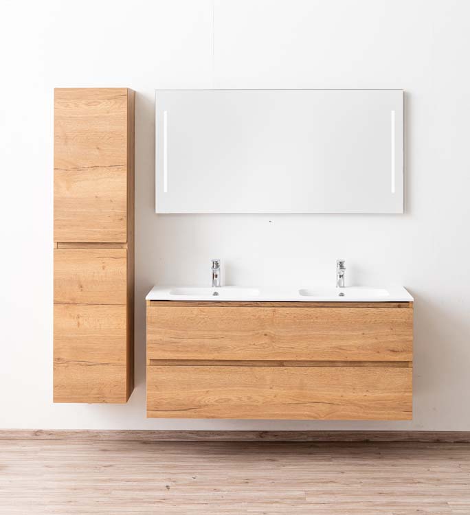 Badkamermeubel Daria eik goudbruin hangend met dubbele wastafel mat wit 140cm