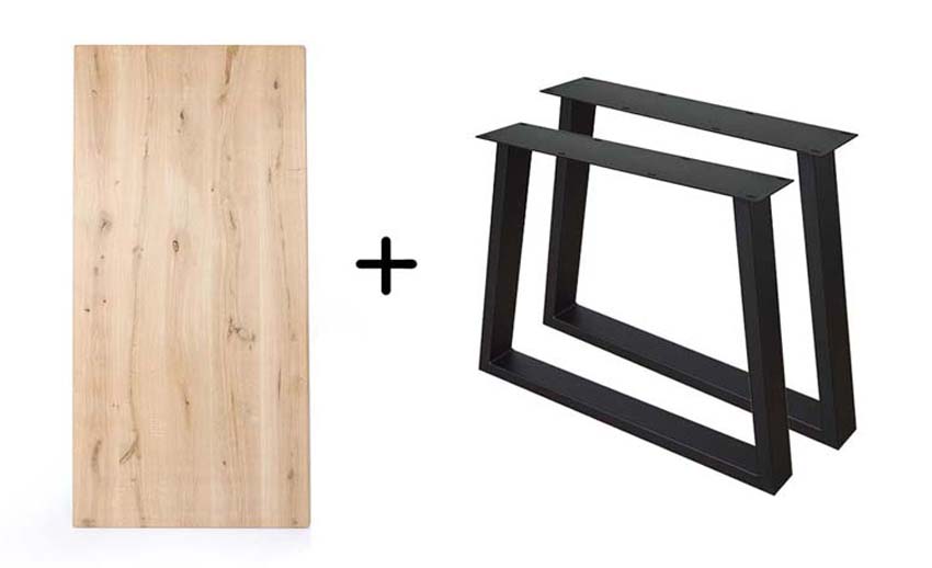 Table métal/bois rectangulaire chêne bord droit 260x100cm + piètement trapèze noir