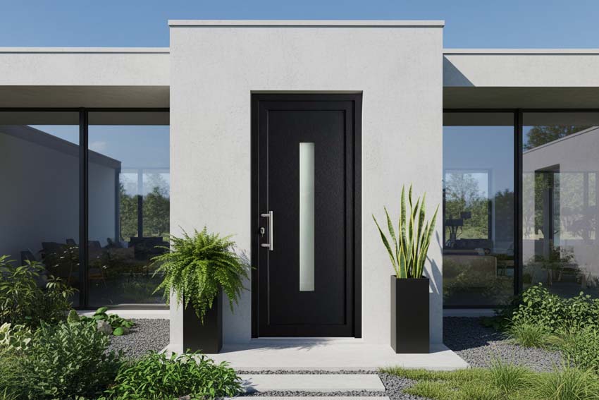 Porte extérieure vitre verticale PVC anthracite/blanc ouvrant à gauche sur mesure