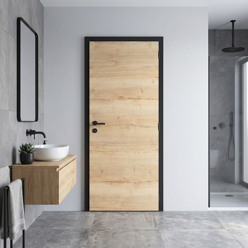 Complete binnendeur Nature Wood eik 201,5x73cm tubespaan horizontaal omkeerbaar + zwarte deurkast 16,5cm