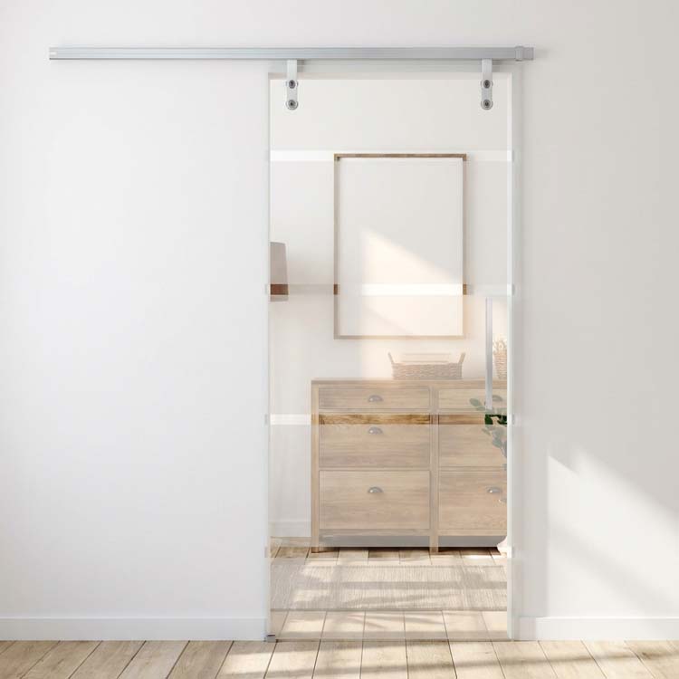 Porte coulissante vitrée complète Skyline Dusk mat + 4 lignes transparentes 83x215cm poignée carrée inox + rail aluminium