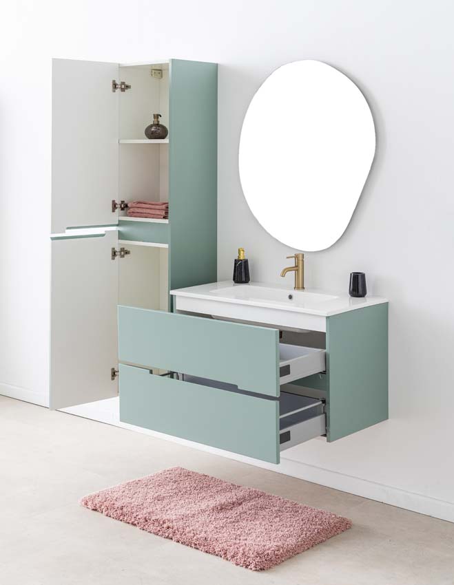 Meuble de salle de bains Truman vert gris suspendu avec lavabo simple blanc brillant 90cm