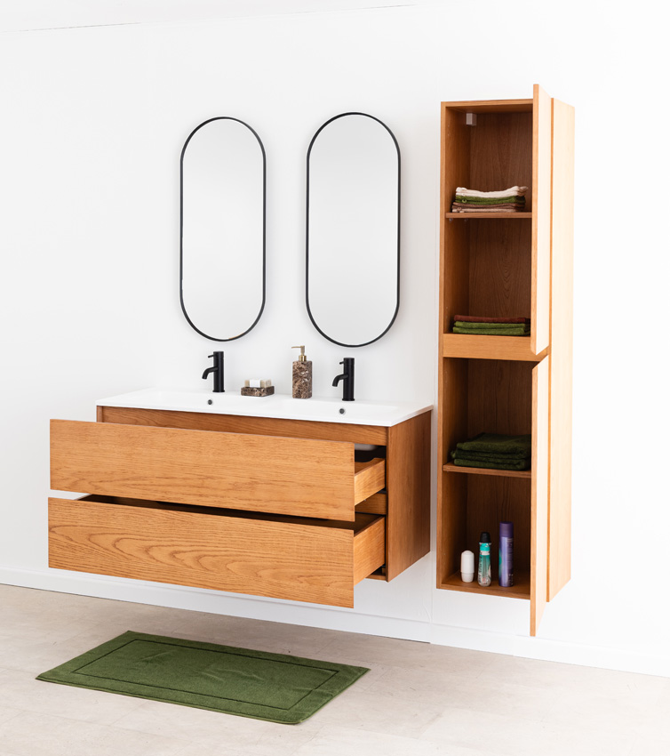 Meuble de salle de bain Fior en placage chêne suspendu avec double lavabo blanc mat 120cm