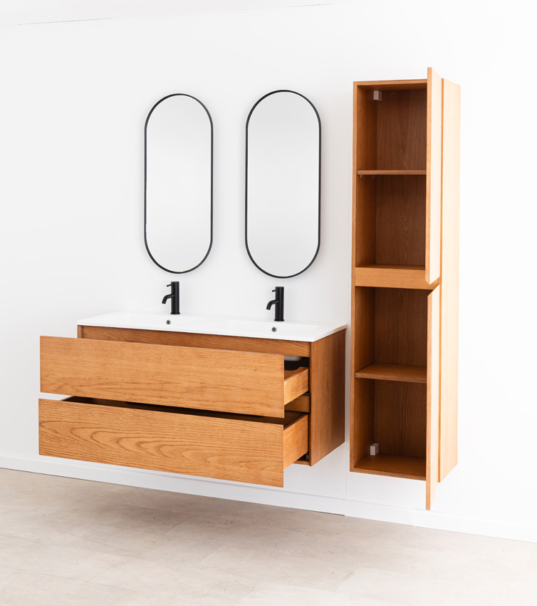 Meuble de salle de bain Fior en placage chêne suspendu avec double lavabo blanc mat 120cm