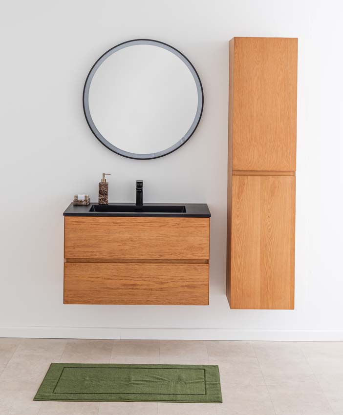 Meuble de salle de bain Fior chêne suspendu avec vasque simple noir mat 90cm