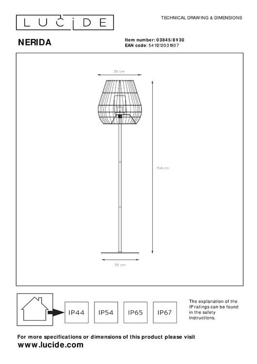 Lucide NERIDA - Vloerlamp Buiten - Ø 35 cm - 1xE27 - IP44 - Zwart