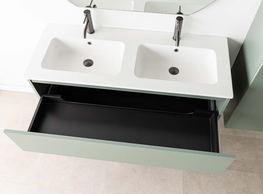 Meuble de salle de bain Dotan eucalyptus vert avec double lavabo blanc mat 120cm