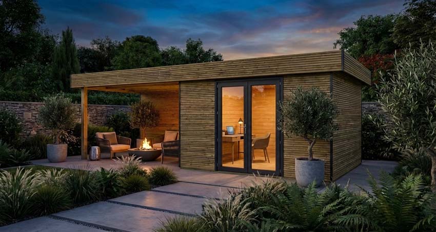 Studio de jardin Amelia L + terrasse bois de pin naturel 770x300x236cm double porte