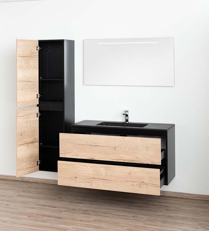 Meuble de salle de bains Dotan chêne suspendu avec lavabo simple noir mat 120cm
