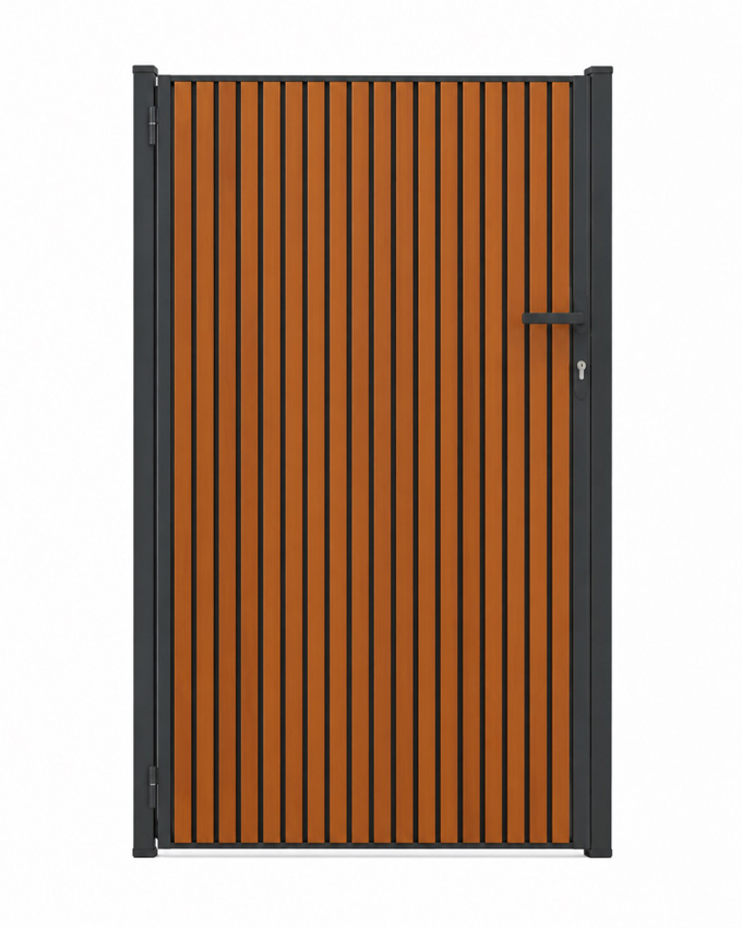 Portillon battant Line Up aluminium aspect bois 100x175cm - fermé avec lames verticales, ouverture à droite, quincaillerie incluse