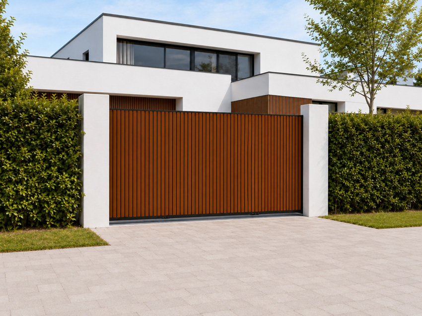 Schuifpoort Line up aluminium houtlook links 358x175cm te motoriseren