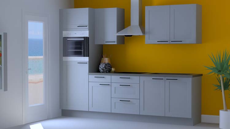 Cuisine Premium 3B grise 270cm - pré-montée - avec appareils - plaque de cuisson vitrocéramique et hotte murale en inox