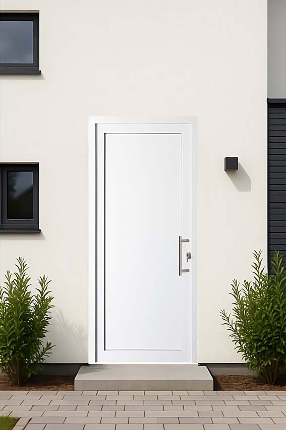 Porte extérieure panneau lisse PVC blanc ouvrant à droite sur mesure