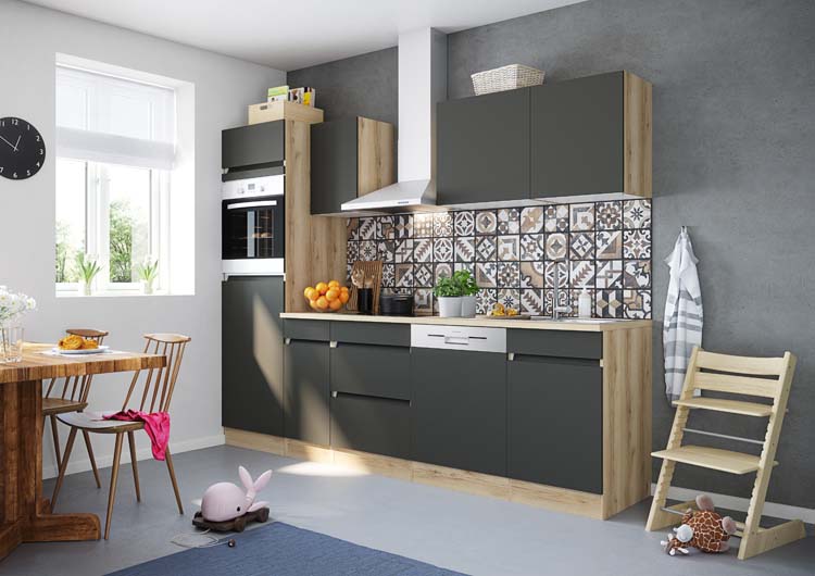 Cuisine Wodan anthracite/aspect bois 270cm - hotte murale en inox - sans appareils