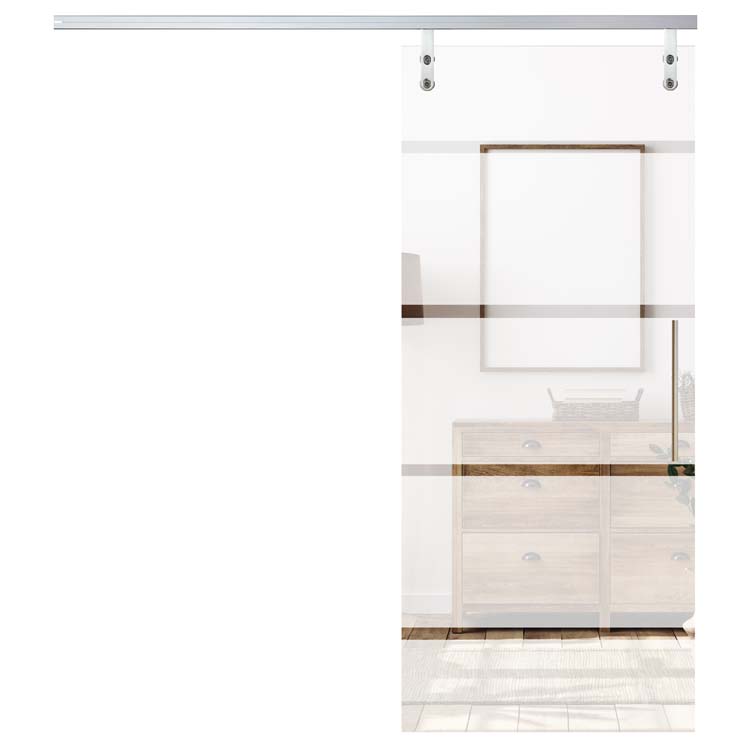 Porte coulissante vitrée complète Sky Dusk mat + 4 lignes transparentes 93x215cm poignée ronde inox + rail aluminium