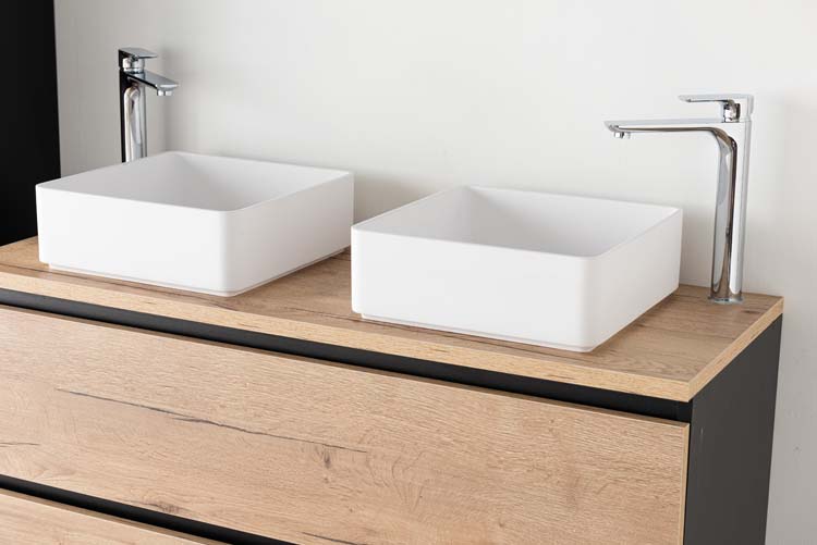 Meuble de salle de bain Dotan chêne/noir 1200 mm tablette en saillie melamine Meuble de salle de bain Dotan chêne/noir 1200 mm tablette en saillie melamine