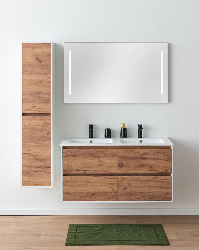 Meuble de salle de bains Treviso chêne/blanc avec double lavabo blanc brillant 120cm
