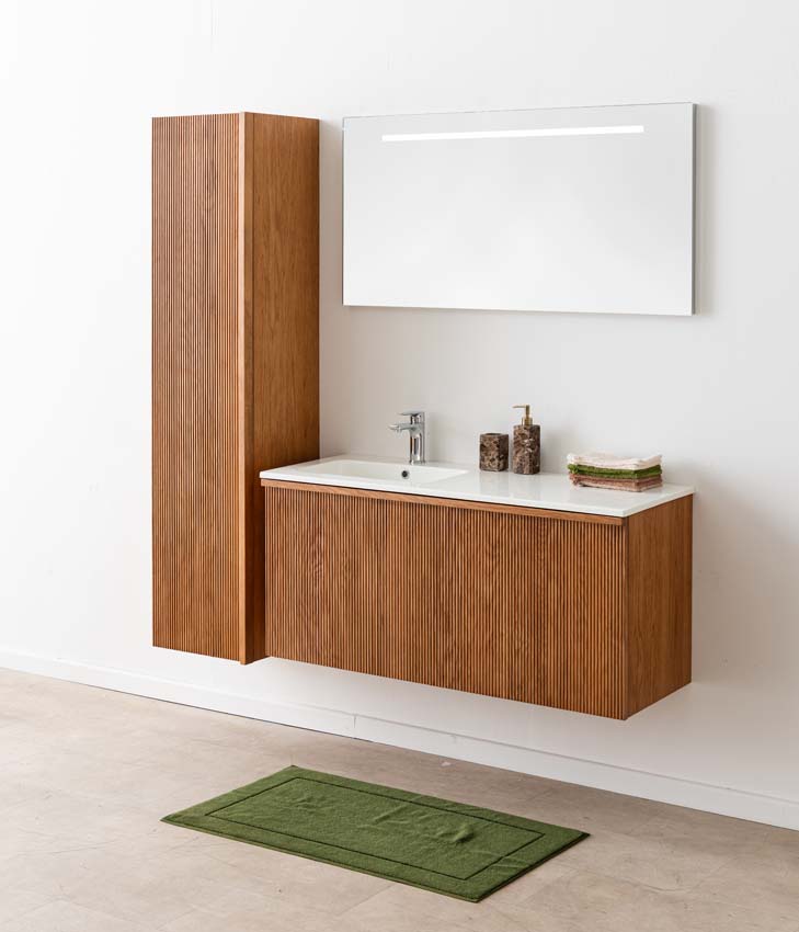 Meuble de salle de bain Fae chêne suspendu avec vasque simple blanc brillant 120cm