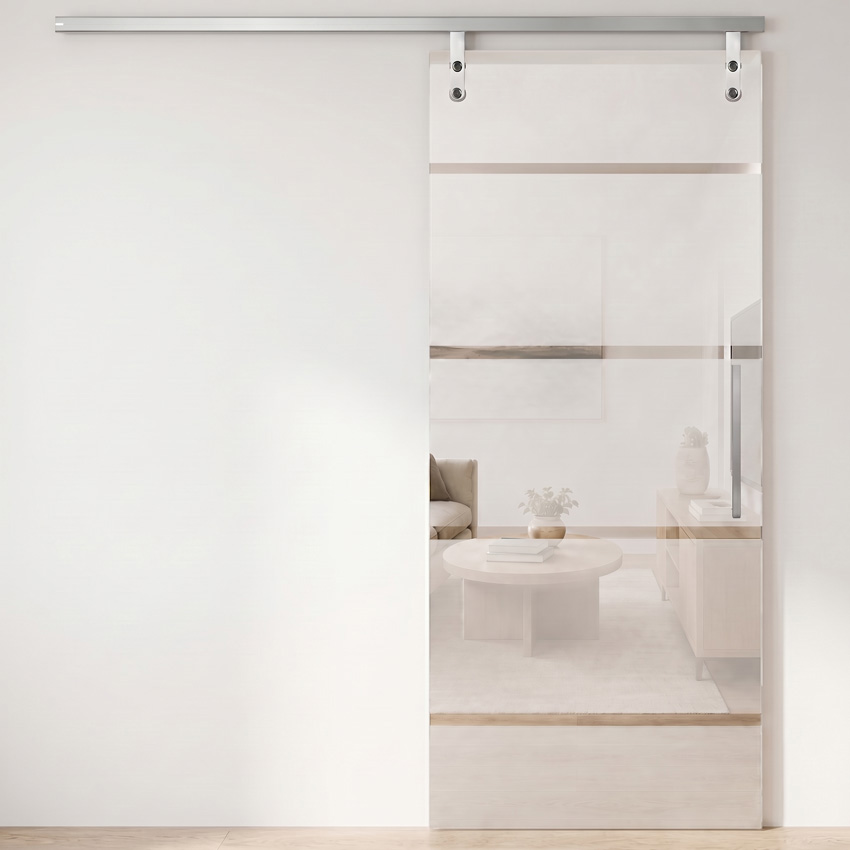 Porte coulissante vitrée complète Sky Dusk mat + 4 lignes transparentes 93x215cm poignée carrée inox + rail aluminium