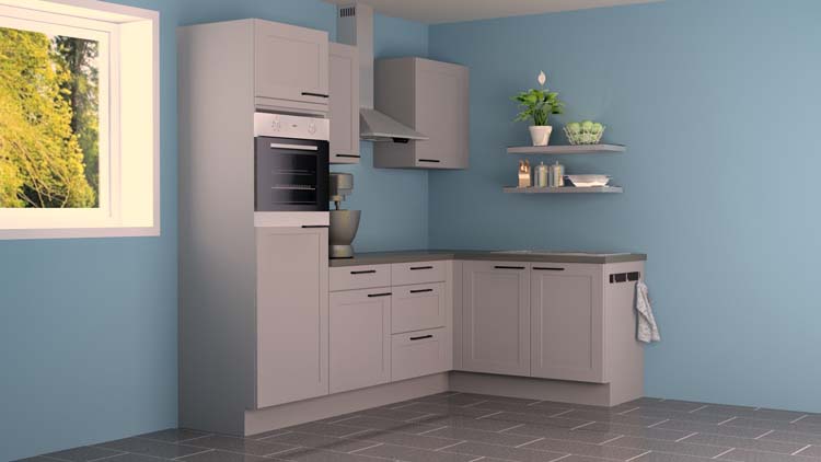 Cuisine d'angle Premium 11 grise 245x165cm - pré-montée - sans appareils - hotte murale en inox