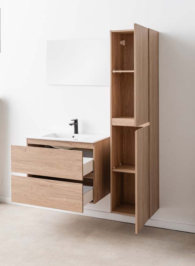 Meuble de salle de bains Bianca chêne suspendu avec lavabo simple blanc brillant 80cm