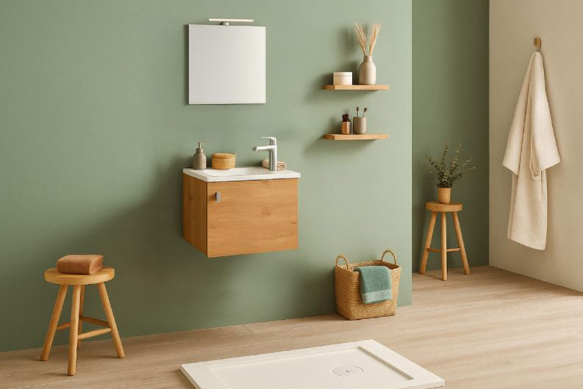 Badkamermeubel Tivoli eik hangend met enkele wastafel glanzend wit 50cm + spiegel