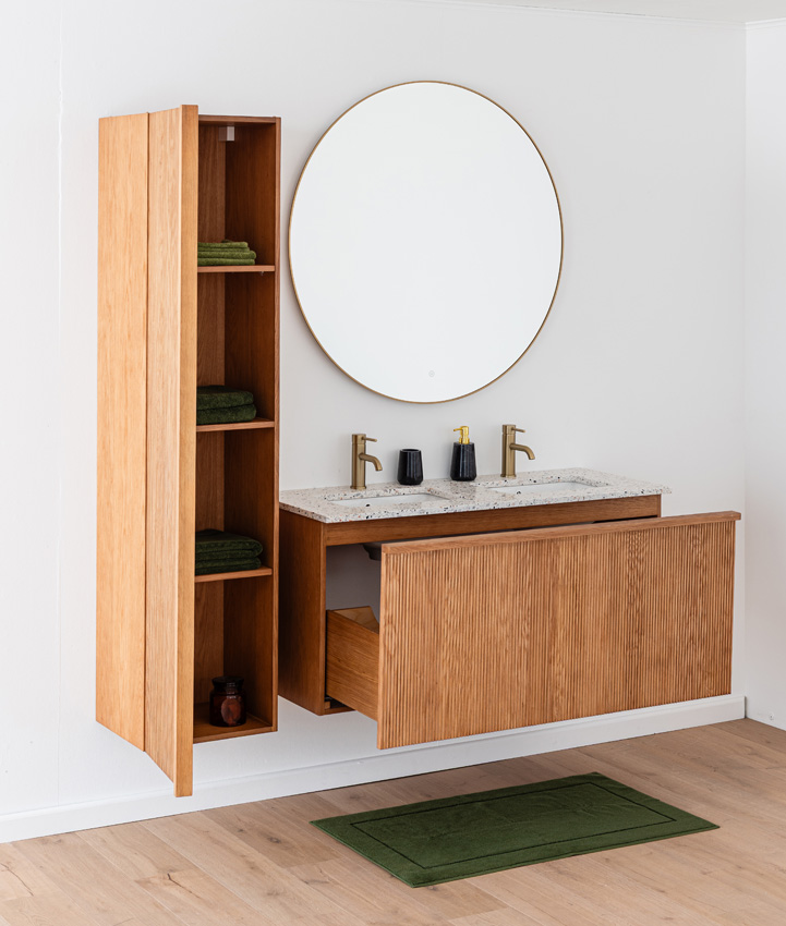 Meuble de salle de bains Fae chêne suspendu avec double lavabo terrazzo 120cm