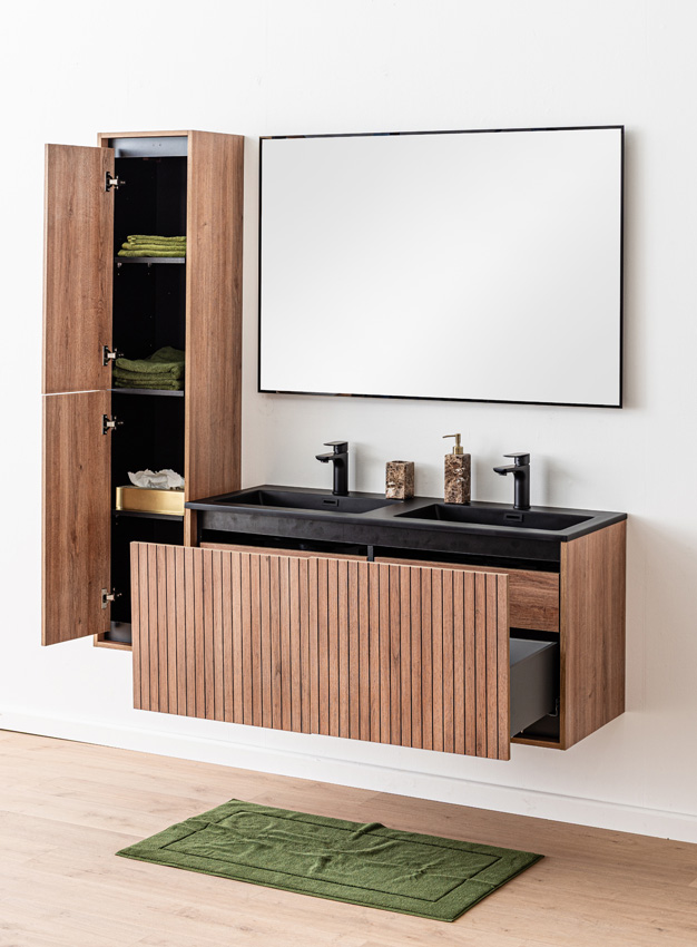 Meuble de salle de bains Toledo chêne/noir avce double lavabo noir mat 120cm