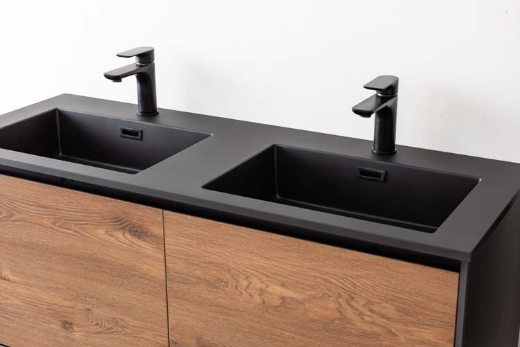 Meuble de salle de bains Justin noyer suspendu avec lavabo double noir mat 120cm
