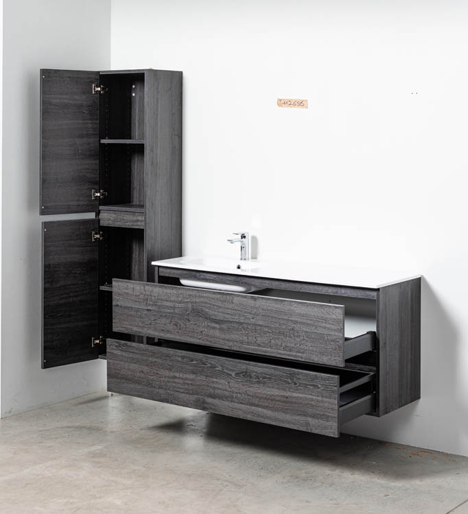Badkamermeubel Dotan donkere eik hangend met enkele wastafel links glanzend wit 140cm