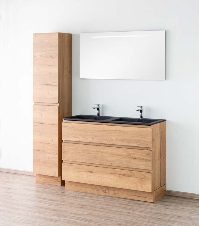 Badkamermeubel Daria eik goudbruin staand met dubbele wastafel mat zwart 120cm
