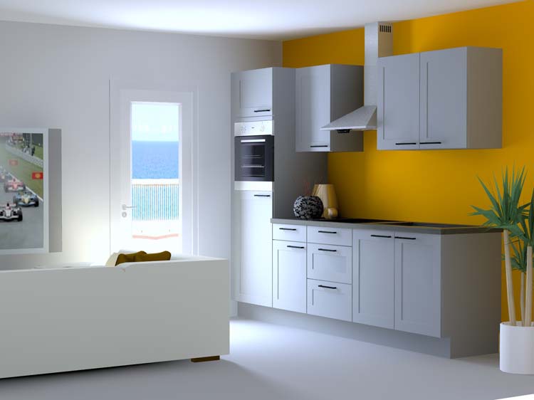 Cuisine Premium 3B grise 270cm - pré-montée - avec appareils - plaque de cuisson vitrocéramique et hotte murale en inox