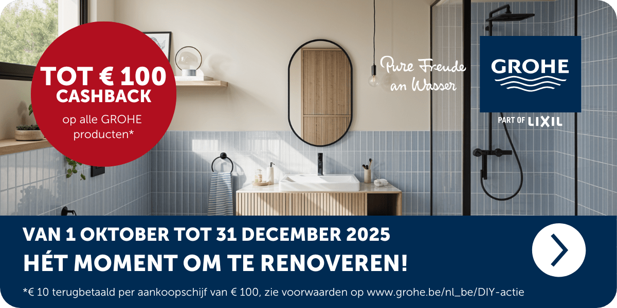 Banner voor Grohe actie met tot 100 euro cashback bij aankoop van Grohe producten
