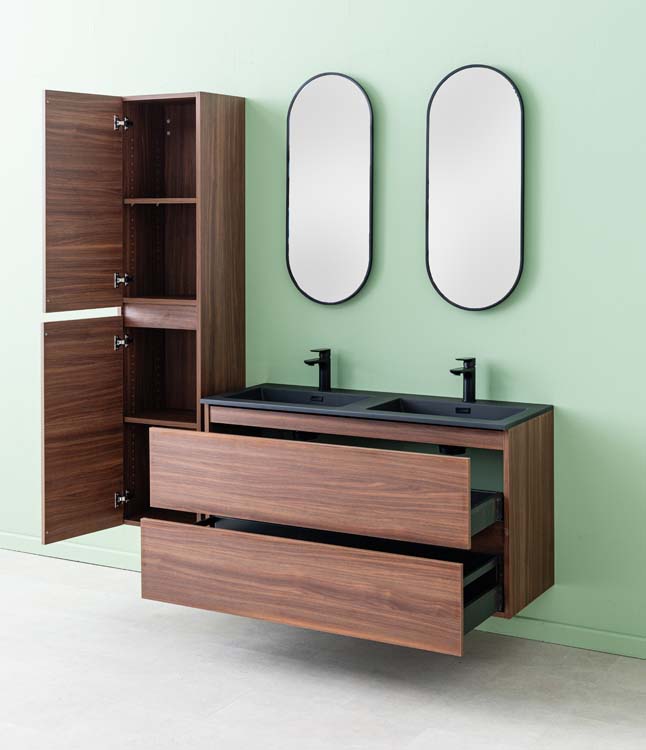 Meuble de salle de bains Dotan noyer suspendu avec lavabo double noir mat 120cm