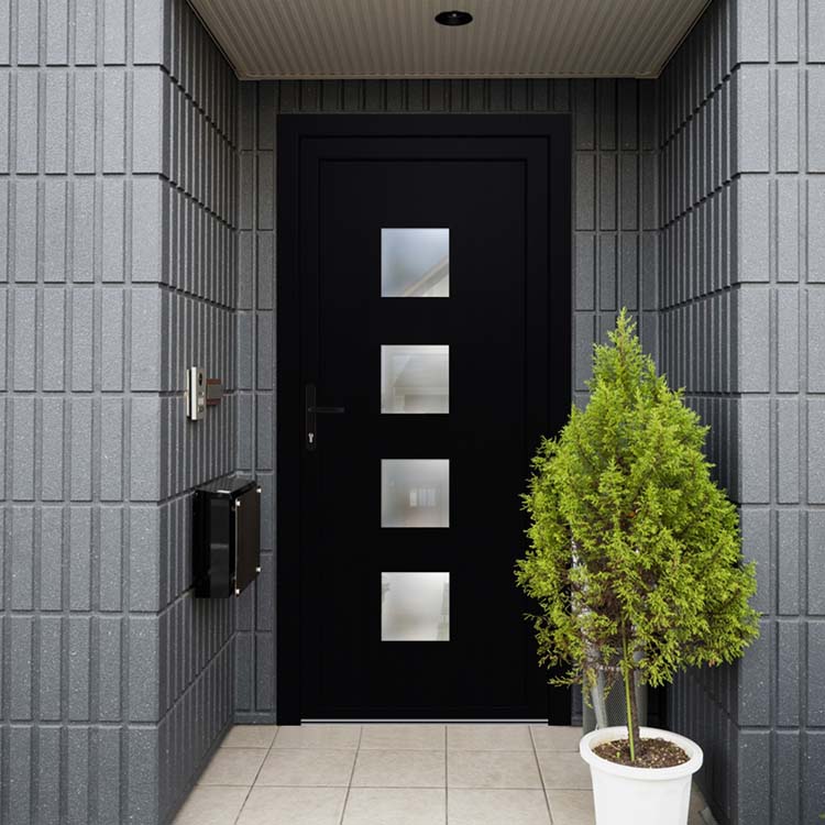 Porte extérieure 4 carreaux PVC noire G vitrage mat 980x2180mm