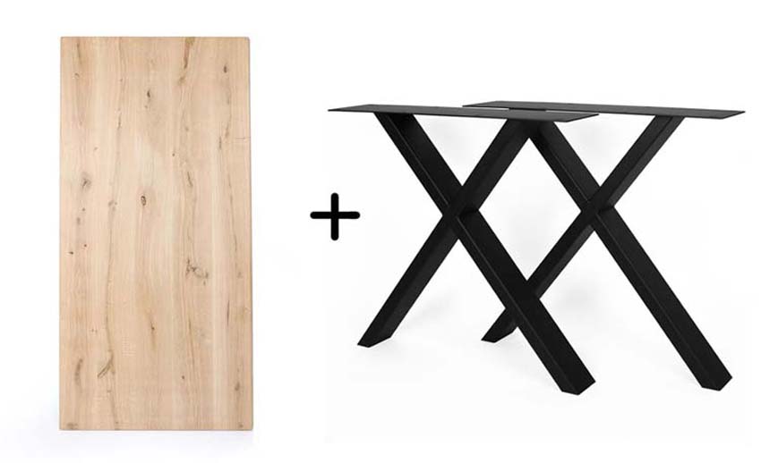 Tafel metaal/hout rechthoekig eik recht 260x100cm + onderstel X zwart