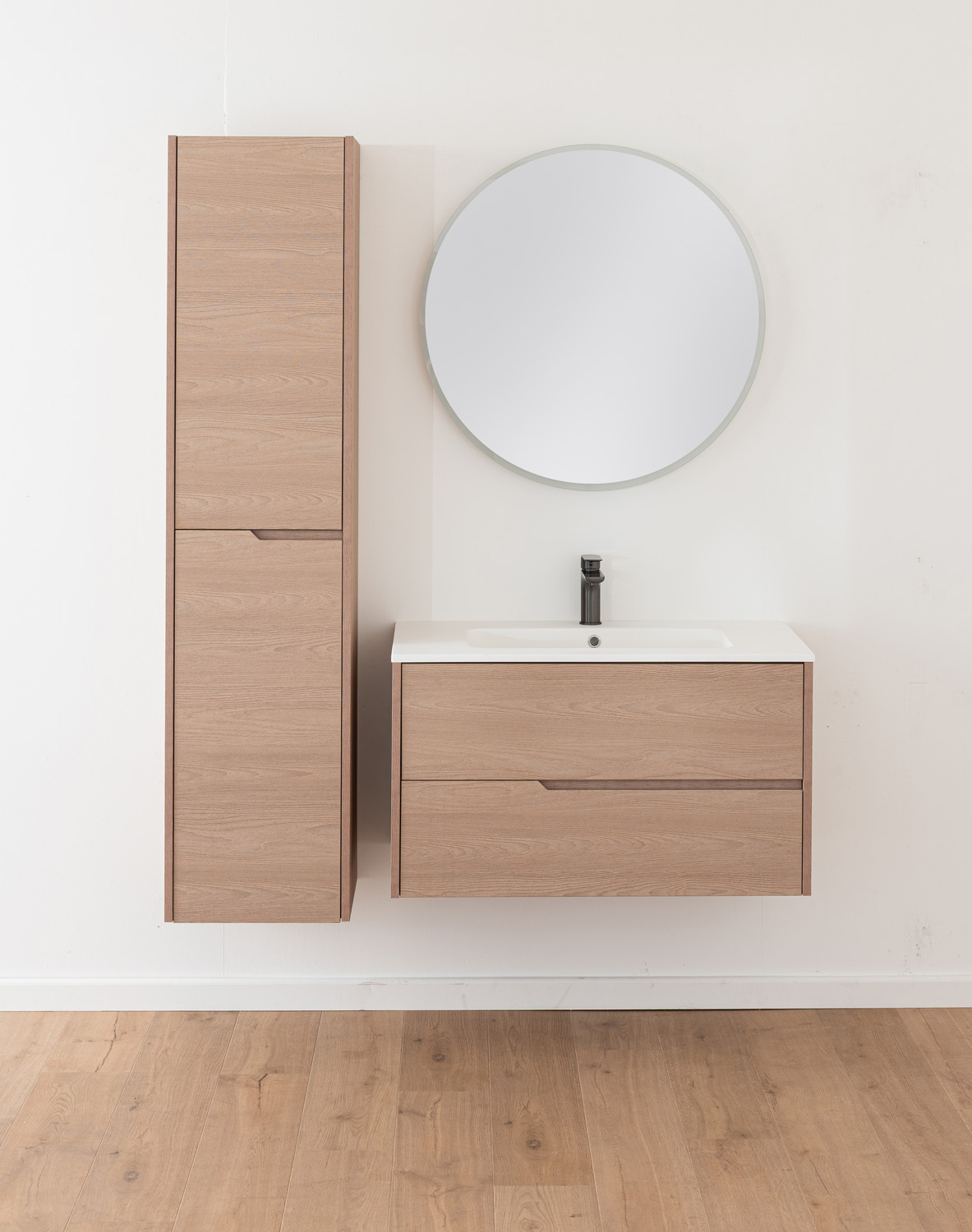 Badkamermeubel Tiago Nordic eik hangend met enkele wastafel glanzend wit 90cm