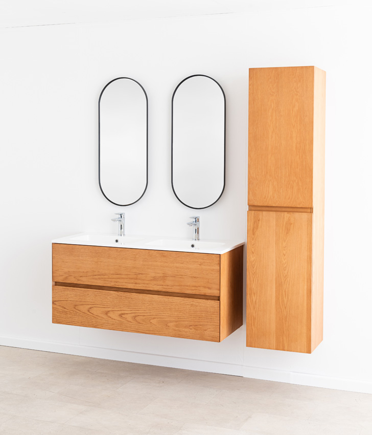 Badkamermeubel Fior eik hangend met dubbele wastafel glanzend wit 120cm