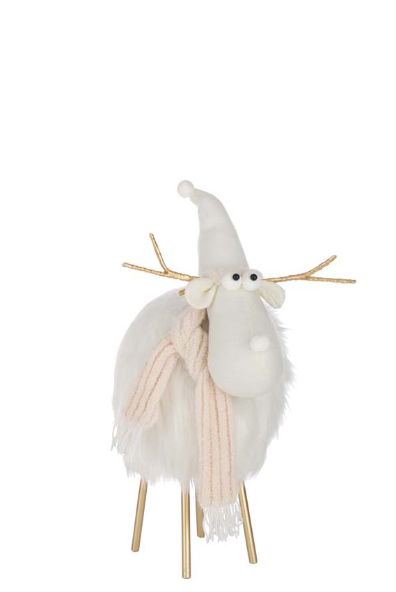 Sculpture renne chapeau + écharpe polyester blanc/beige 36x34x61cm