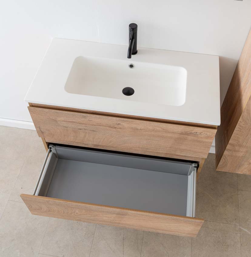 Meuble de salle de bain Tibo en chêne méditerranéen avec lavabo simple blanc mat 90cm