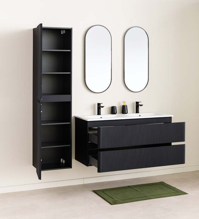 Badkamermeubel Julia mat zwart hangend met dubbele wastafel mat wit 120cm