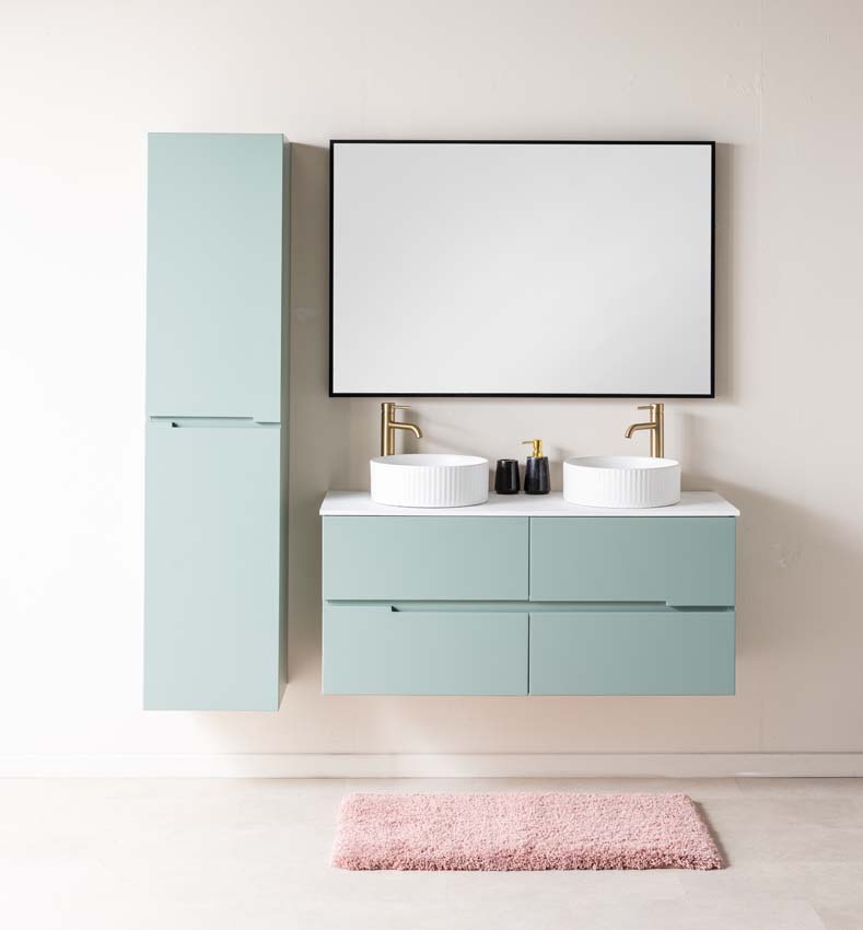 Meuble de salle de bains Truman vert gris suspendu avec double vasque à poser blanc mat 120cm