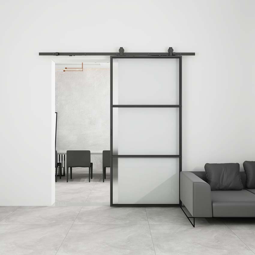 Complete enkele stalen schuifdeur Tyra mat glas 3R 93x213,4cm zwart + rail zwart