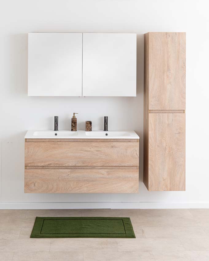 Meuble de salle de bain Tibo en chêne méditerranéen avec double lavabo blanc mat 120cm