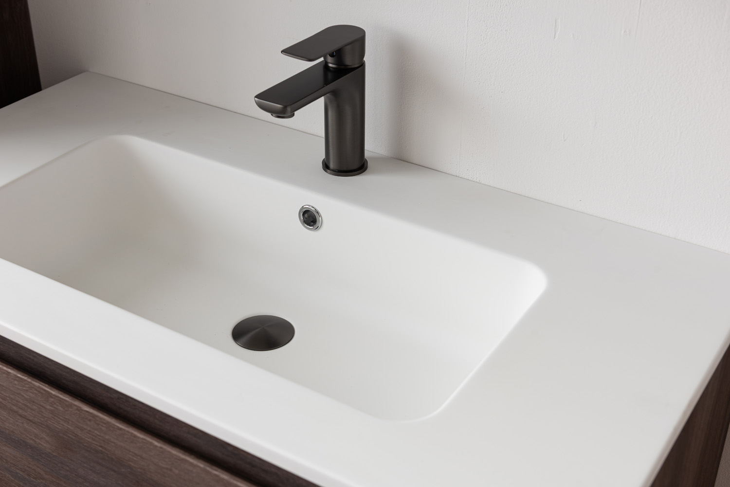Meuble de salle de bains Tarik chêne ambré suspendu avec vasque simple blanc mat 90cm