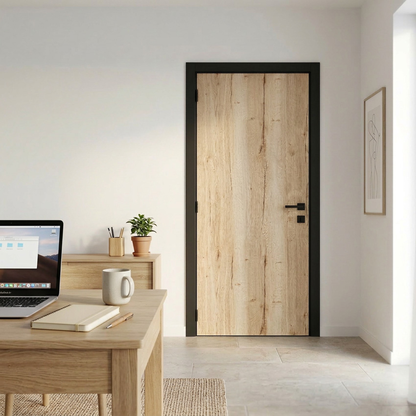 Porte intérieure complète Nature Wood chêne 201,5x73cm tubulaire vertical réversible + châssis noir 16,5cm