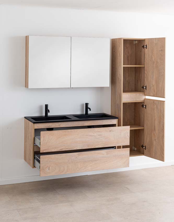 Badkamermeubel Tibo mediterraanse eik met dubbele wastafel mat zwart 120cm