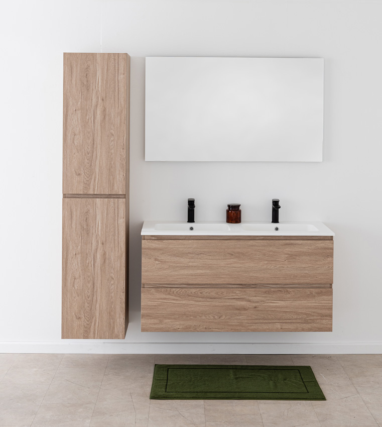 Meuble de salle de bain Bianca aspect chêne suspendu avec double lavabo blanc mat 120,5cm