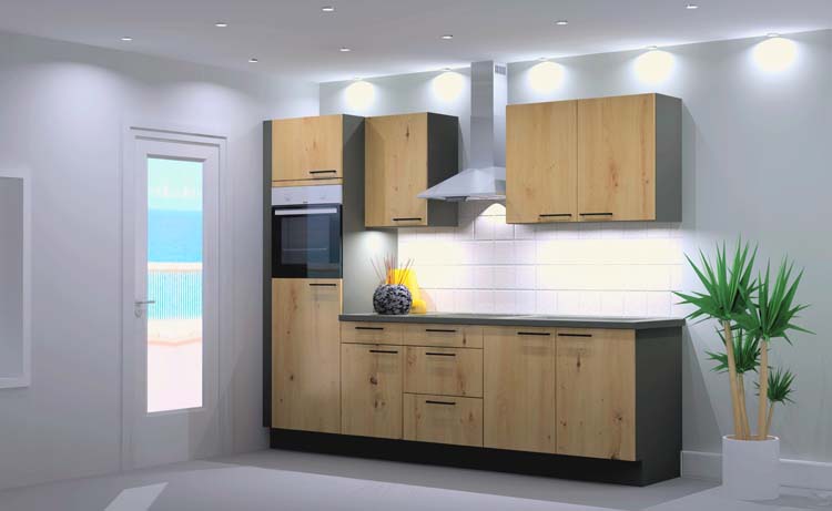 Cuisine Premium 3B aspect bois 270cm - pré-montée - avec appareils - plaque de cuisson vitrocéramique et hotte murale en inox